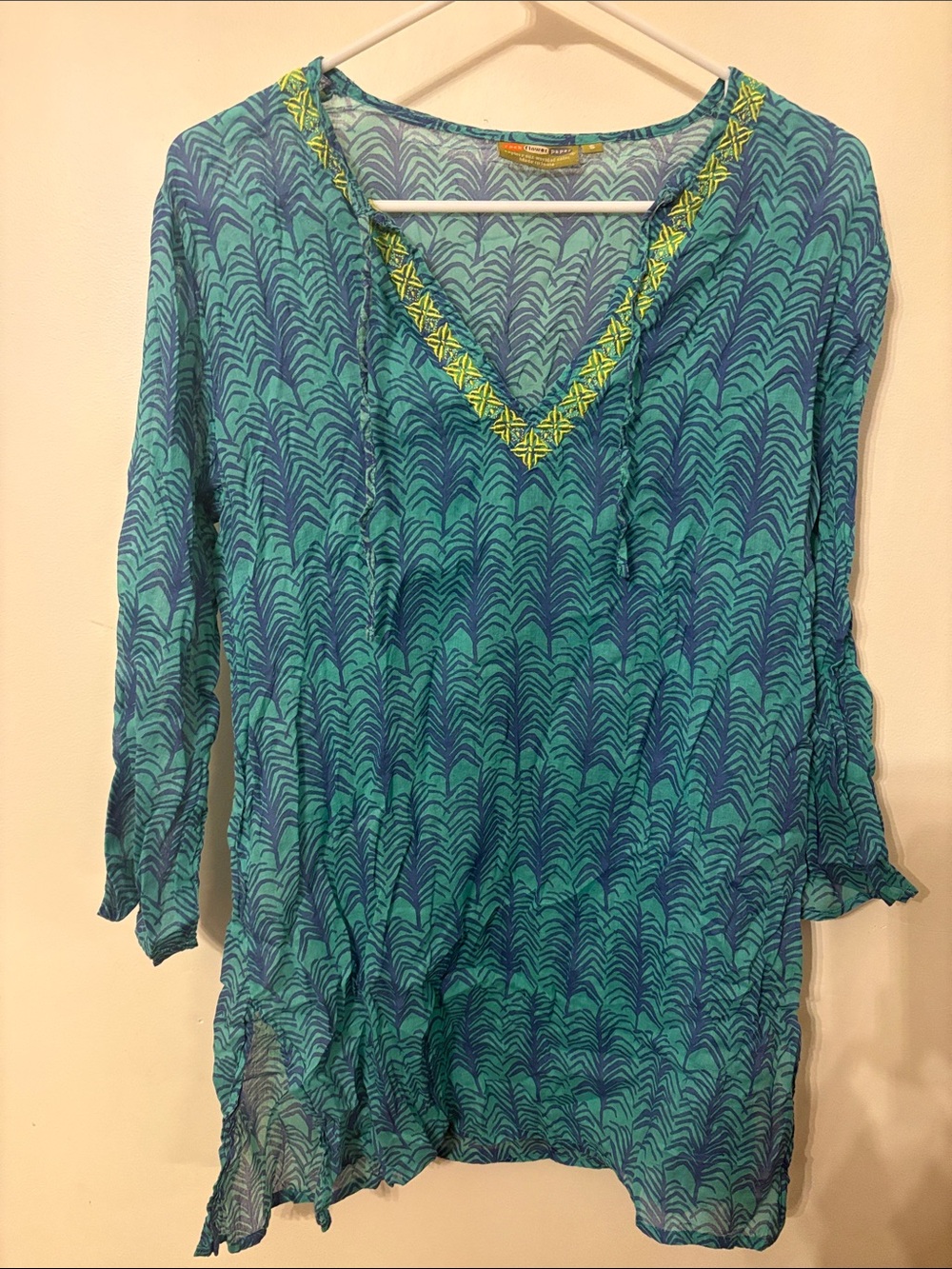 Lightweight Teal Patterned V-Neck Swim Coverup with Yellow Trim